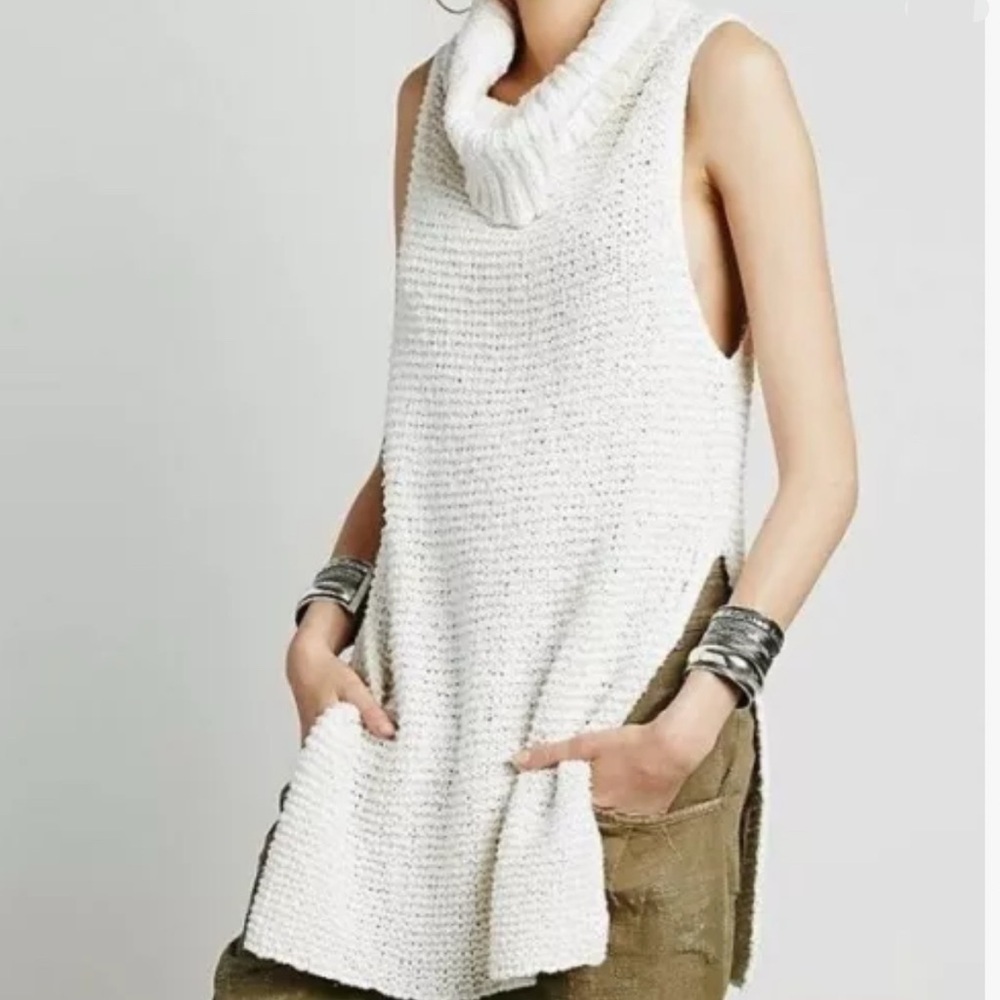 Free People Cream Sleeveless Cowl Neck Knit Tunic